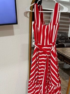 ANDREA FENZI Red and White Striped Sleeveless Maxi Dress with Tie Waist